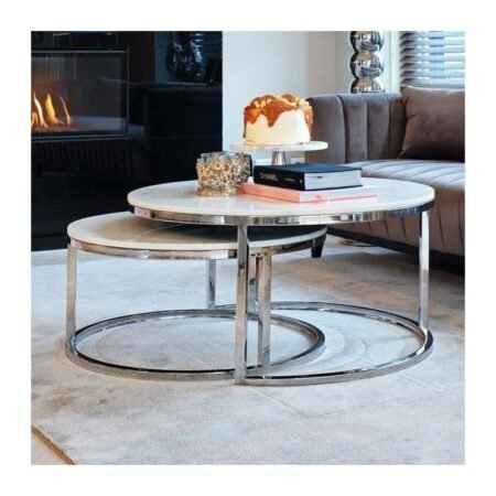 2 Tables Basses Rondes Inox et MDF Style Moderne