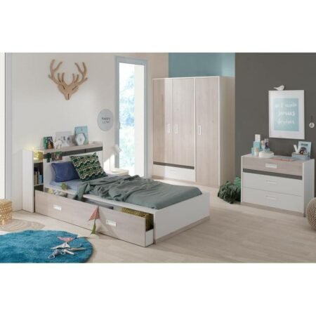 Chambre à Coucher Complète pour Enfant - Bois MDF Stratifie - Chêne, Blanc