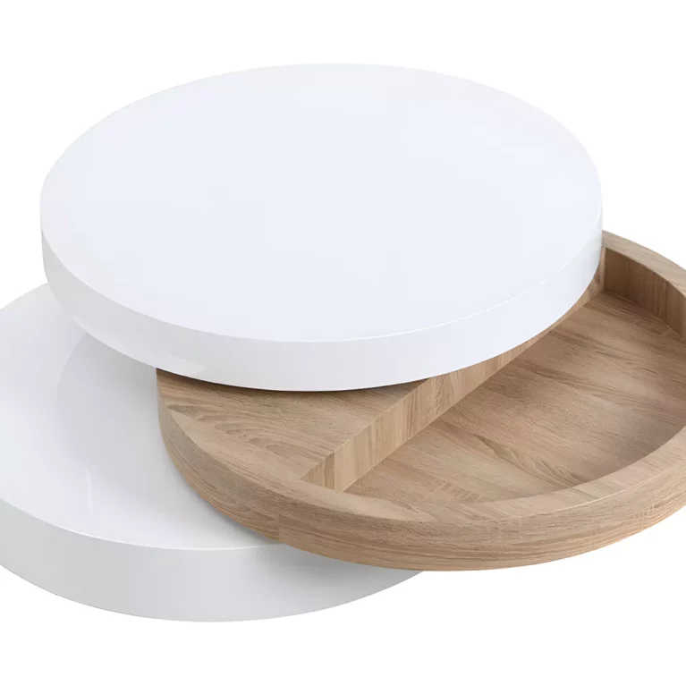 Table basse pivotante ronde avec 1 niche en MDF - Blanc et beige bois